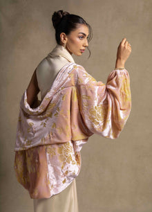 Selene Set showcasing a layered cape with floral patterns, paired with a satin gown, exemplifying luxury evening wear for women.