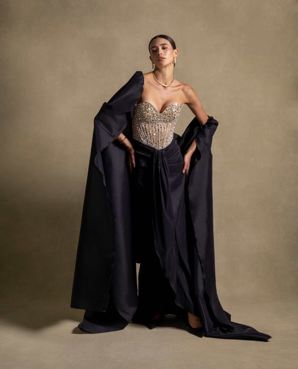 Marguerite Set couture gown featuring a beaded corset and sleek black draped skirt, perfect for high-end fashion evening wear.