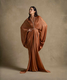 Moon Set: Isabeau gown in radiant Tangerine from Zarina Collection, showcasing luxury evening wear fashion for women.