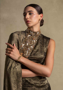 Grace Dress in rich Fatigue green featuring draped cape and metallic accents, epitome of luxury evening wear fashion.