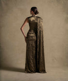 Grace Dress in rich Fatigue green showcases a sculpted silhouette and cape overlay, perfect for high-end fashion events.