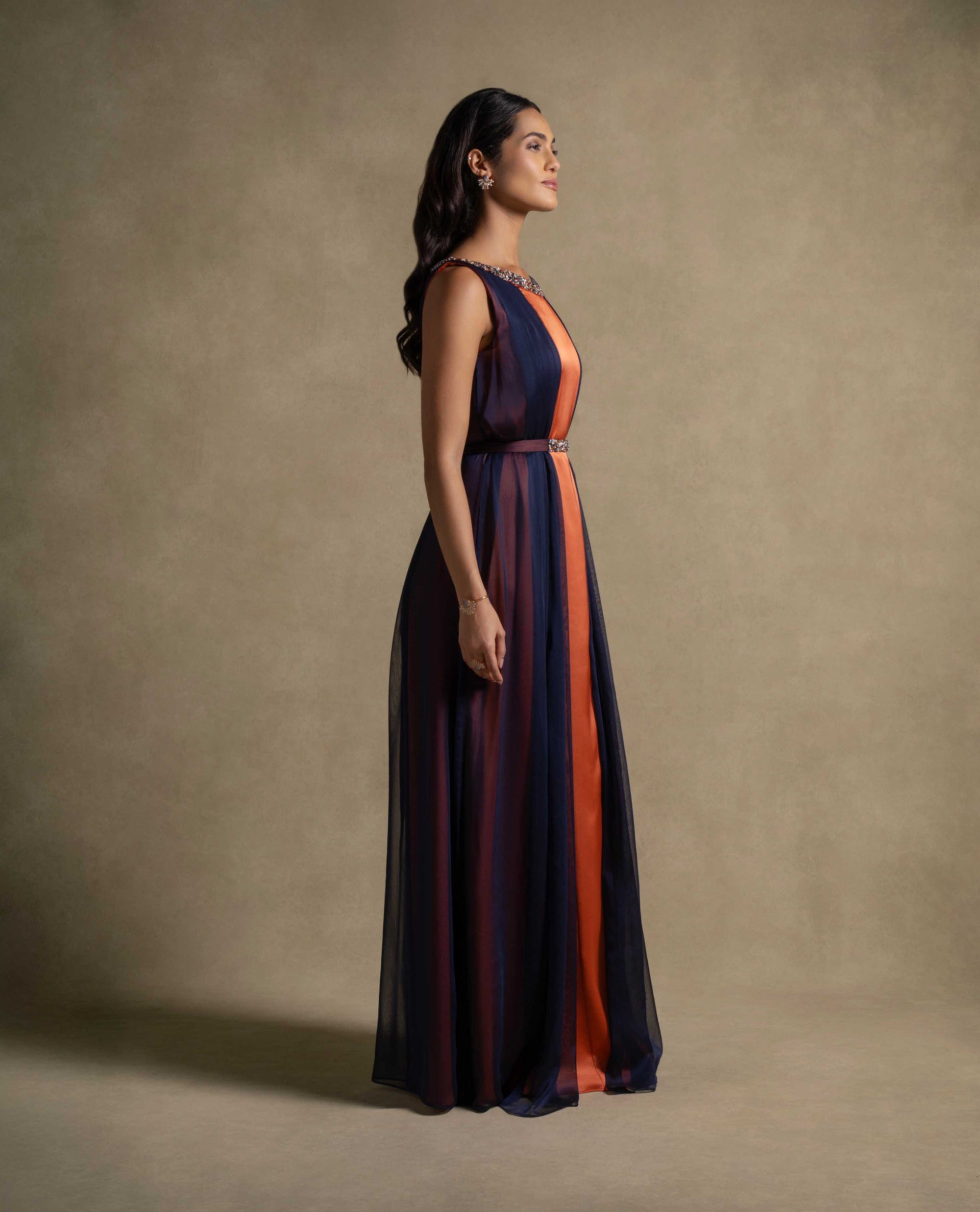 open lace back dress Navy And Orange Printed Maxi Dress With Slits main image 1