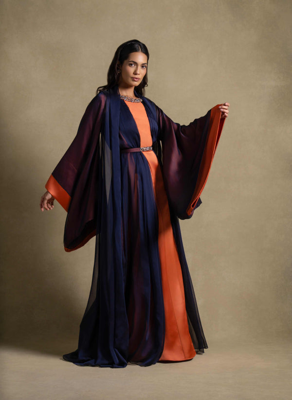 Irene Set from Zarina Collection, featuring navy blue and tangerine maxi dress with chiffon overlay for evening wear.