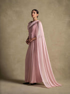 Meghan Dress in soft Pink Quartz with chiffon drape and beadwork, perfect for luxury evening wear.