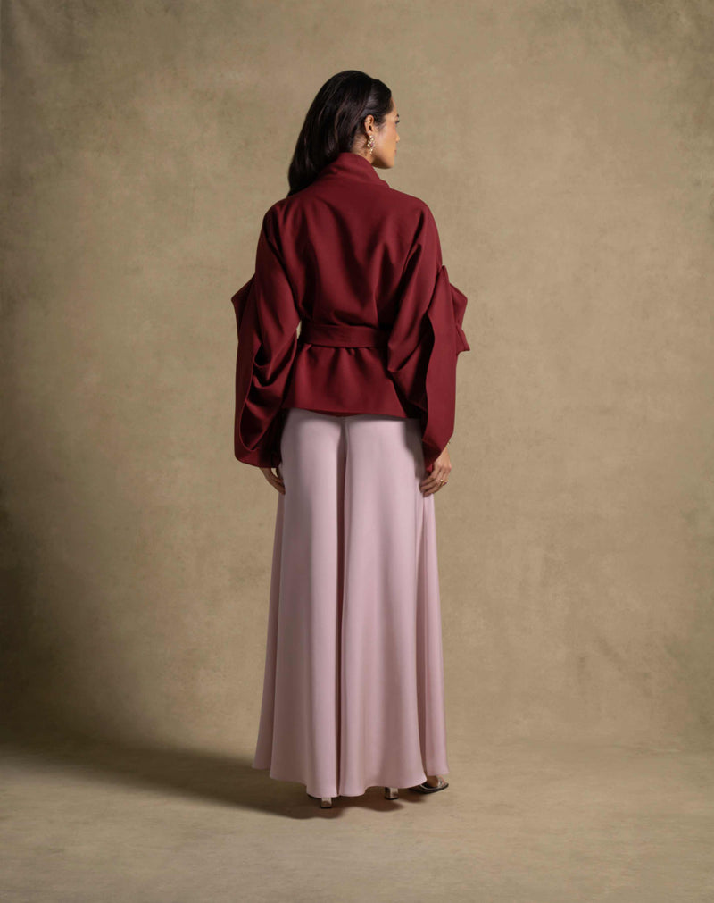 Zaria Set featuring a maroon wrap top and blush wide-leg trousers, perfect for evening wear and high-end fashion.