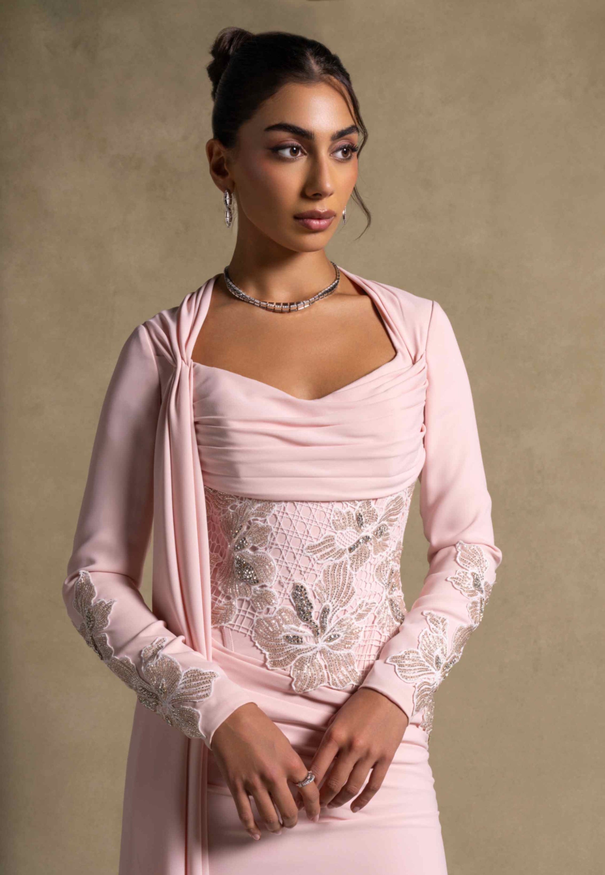 Lady Mooei Dress featuring a sweetheart neckline and embroidered bodice in delicate pink, perfect for luxury evening wear.