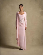 Lady Mooei Dress in delicate pink, featuring a sweetheart neckline and ruched detailing, perfect for luxury evening wear.