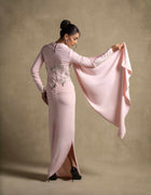 Lady Mooei Dress in delicate pink with embroidered bodice and flowing drape, perfect for luxury evening wear.