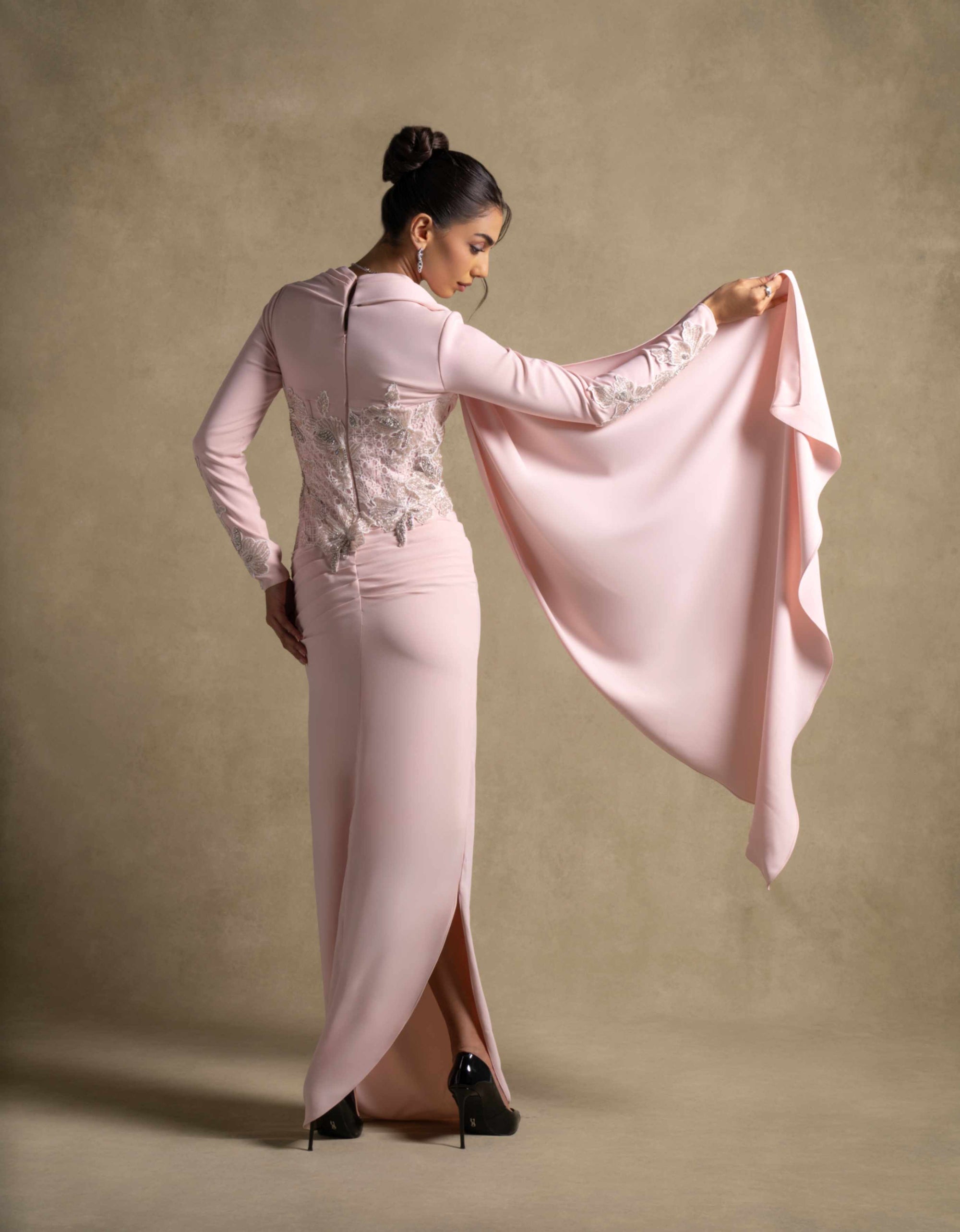 Lady Mooei Dress in delicate pink with embroidered bodice and flowing drape, perfect for luxury evening wear.