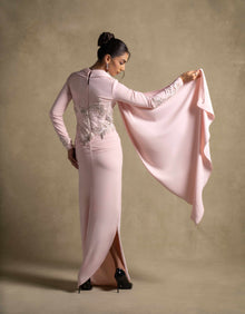 Lady Mooei Dress in delicate pink with embroidered bodice and flowing drape, perfect for luxury evening wear.