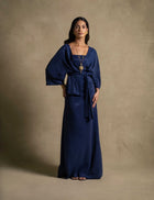 Palatino Set denim blue belted wrap jacket and floor-length dress for luxury women clothing and high end fashion.