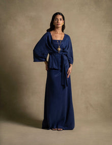Palatino Set denim blue belted wrap jacket and floor-length dress for luxury women clothing and high end fashion.