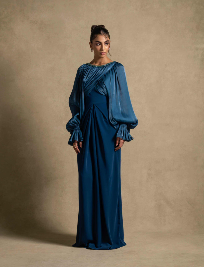 Zoe Dress in turquoise with organza drape and voluminous sleeves, perfect for luxury evening wear and high-end fashion.