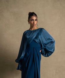 Zoe Dress from Zarina Collection in Turquoise, featuring pleated organza and voluminous sleeves for luxury evening wear.