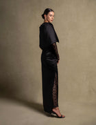 Eterna Set black gown from the Zarina Collection, featuring satin wrap silhouette and lace overlay, luxury evening wear.