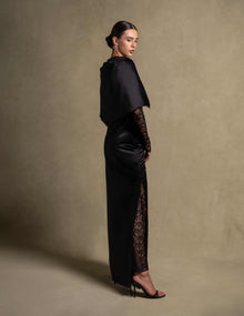 Eterna Set black gown from the Zarina Collection, featuring satin wrap silhouette and lace overlay, luxury evening wear.