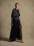 Eterna Set black gown with satin wrap silhouette and French lace, perfect for luxury evening wear and high end fashion.