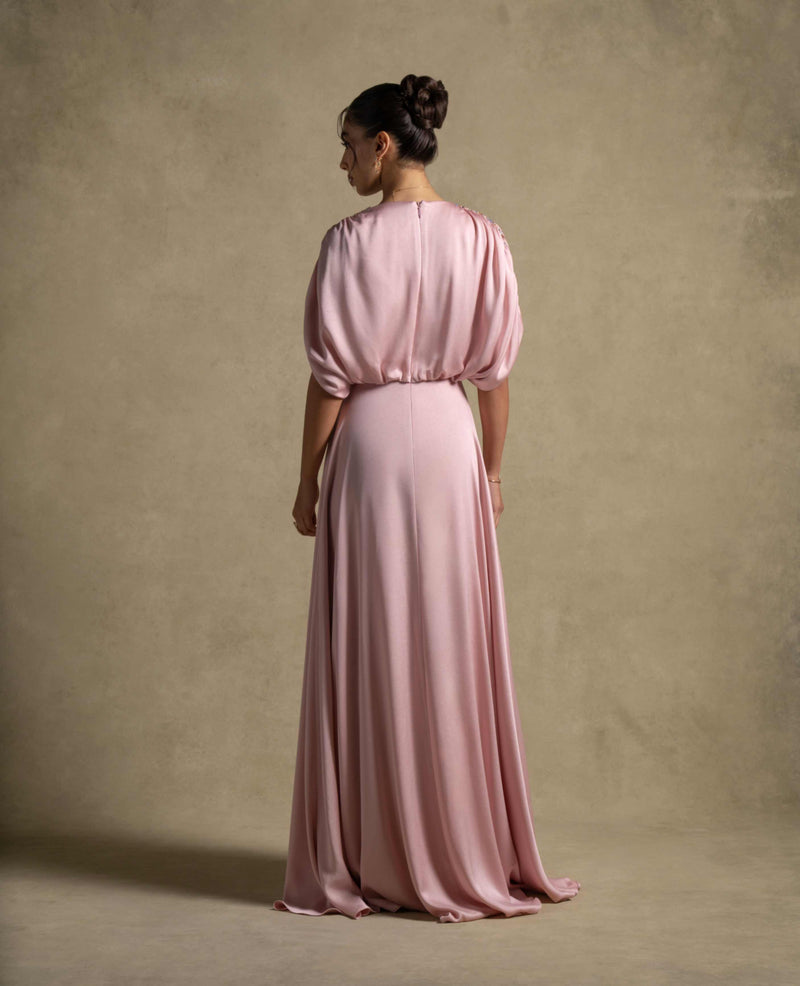 Elegant back view of the Lara Dress, a baby pink maxi dress from the Zarina Collection, perfect for evening wear and special occasions.