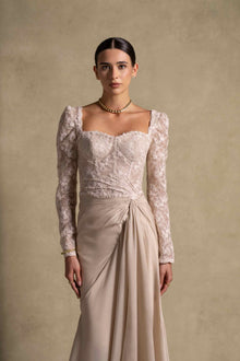 Evania Dress: elegant beige gown with lace bodice and draped chiffon skirt, perfect for luxury evening wear.