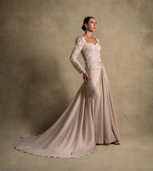 Evania Dress in soft Beige with fitted lace bodice and chiffon skirt, ideal for luxury evening wear and weddings.