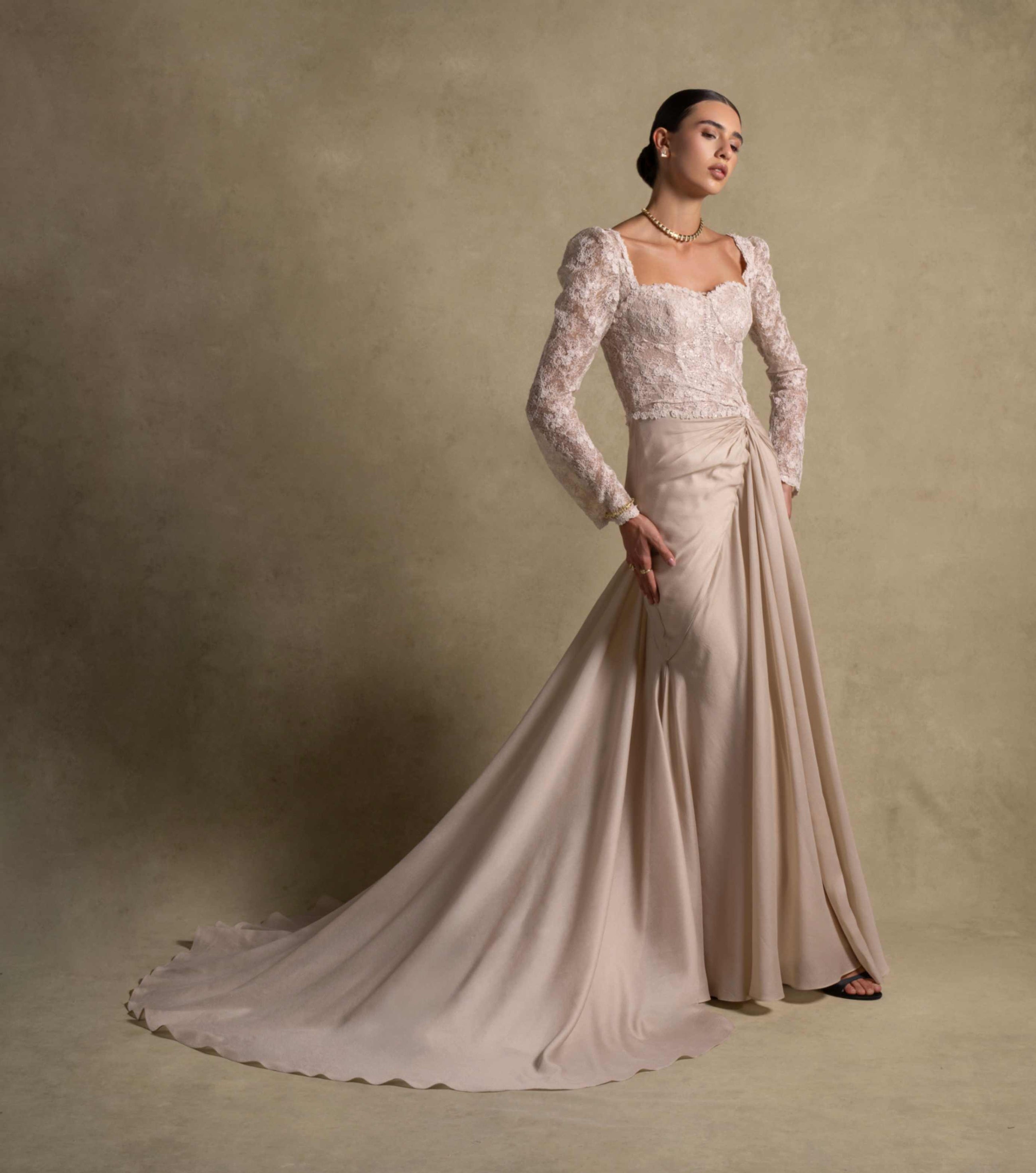 Evania Dress in soft Beige featuring a fitted lace bodice and chiffon skirt, ideal for luxury evening wear and high-end fashion.