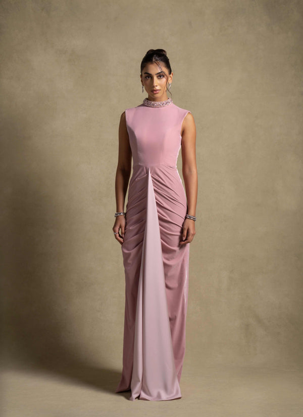Ladan Dress in Pink Quartz with sleeveless silhouette, crystal accents, and front draped panel for luxury evening wear.