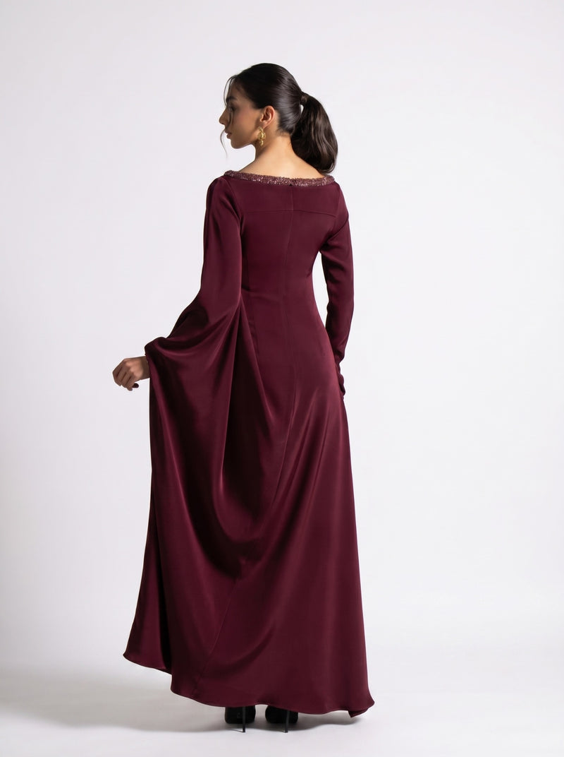 Roxana Maroon Draped Waist Sleeve Gown