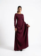 Roxana Maroon Draped Waist Sleeve Gown