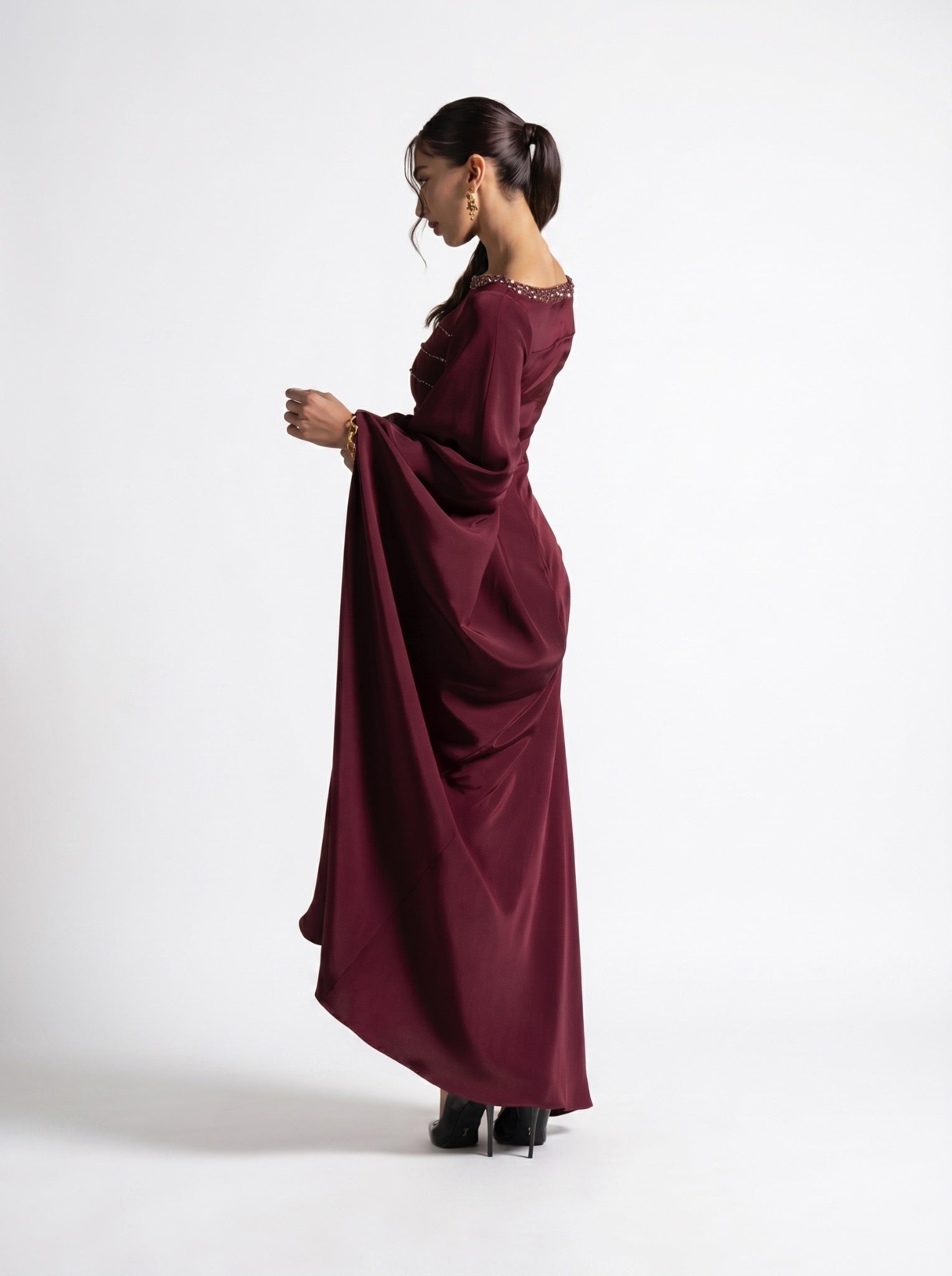 Roxana Maroon Draped Waist Sleeve Gown