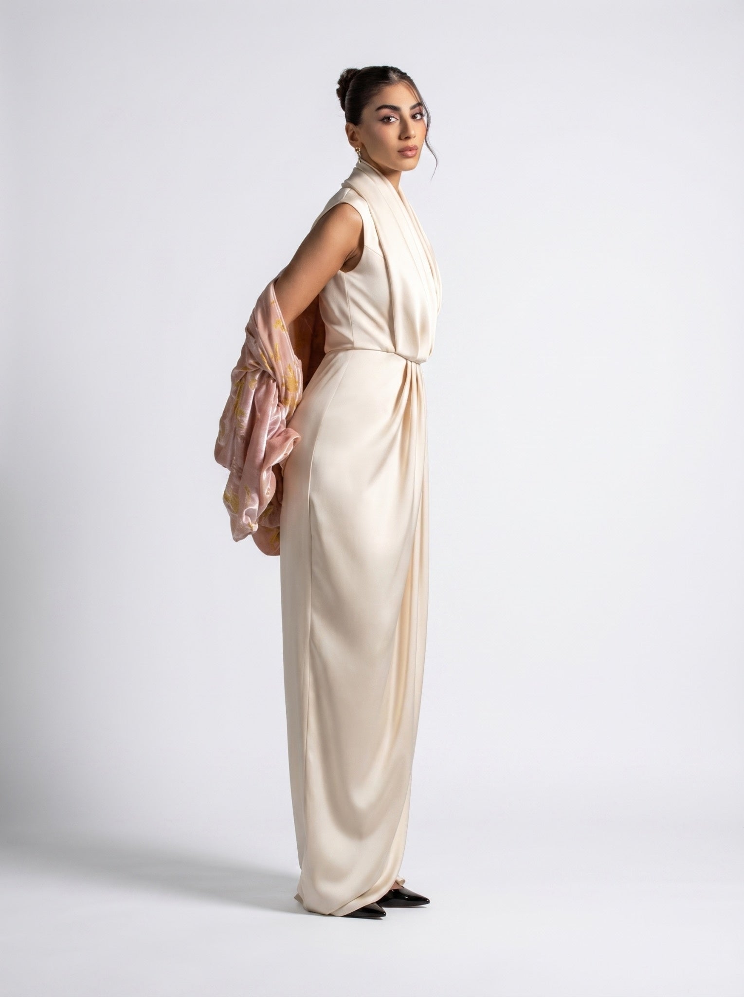 beige satin dress Liquid Kisses Mini - Beige, Large | Hazel and Olive tie bow in the back Selene Beige Satin Column Draped