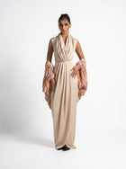 Selene Beige Satin Column Draped Overlay Gown Set