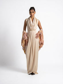 Selene Beige Satin Column Draped Overlay Gown Set