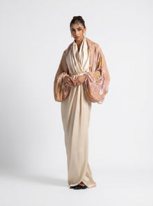 Selene Beige Satin Column Draped Overlay Gown Set