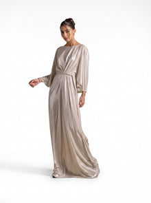 Serena Silver Metallic Cinched Waist Wide Sleeve Gown