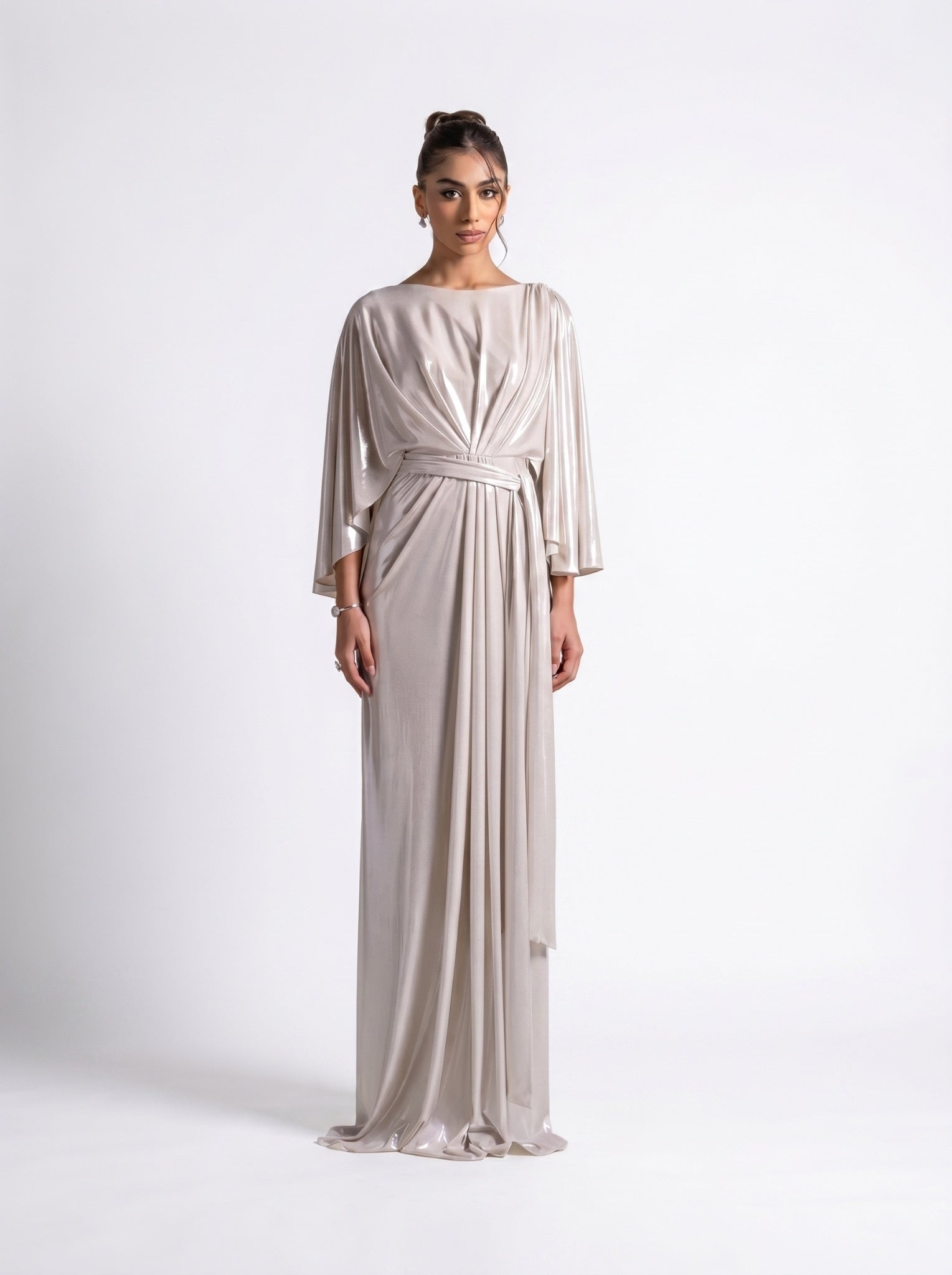Serena Silver Metallic Cinched Waist Wide Sleeve Gown