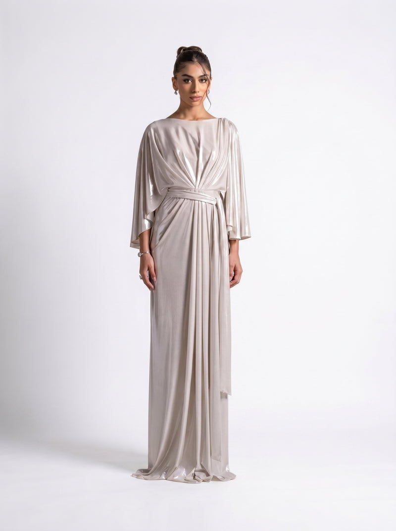 Serena Silver Metallic Cinched Waist Wide Sleeve Gown