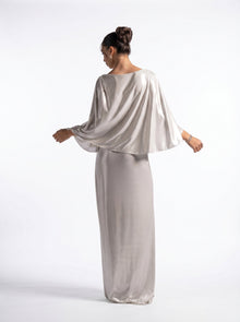 Serena Silver Metallic Cinched Waist Wide Sleeve Gown