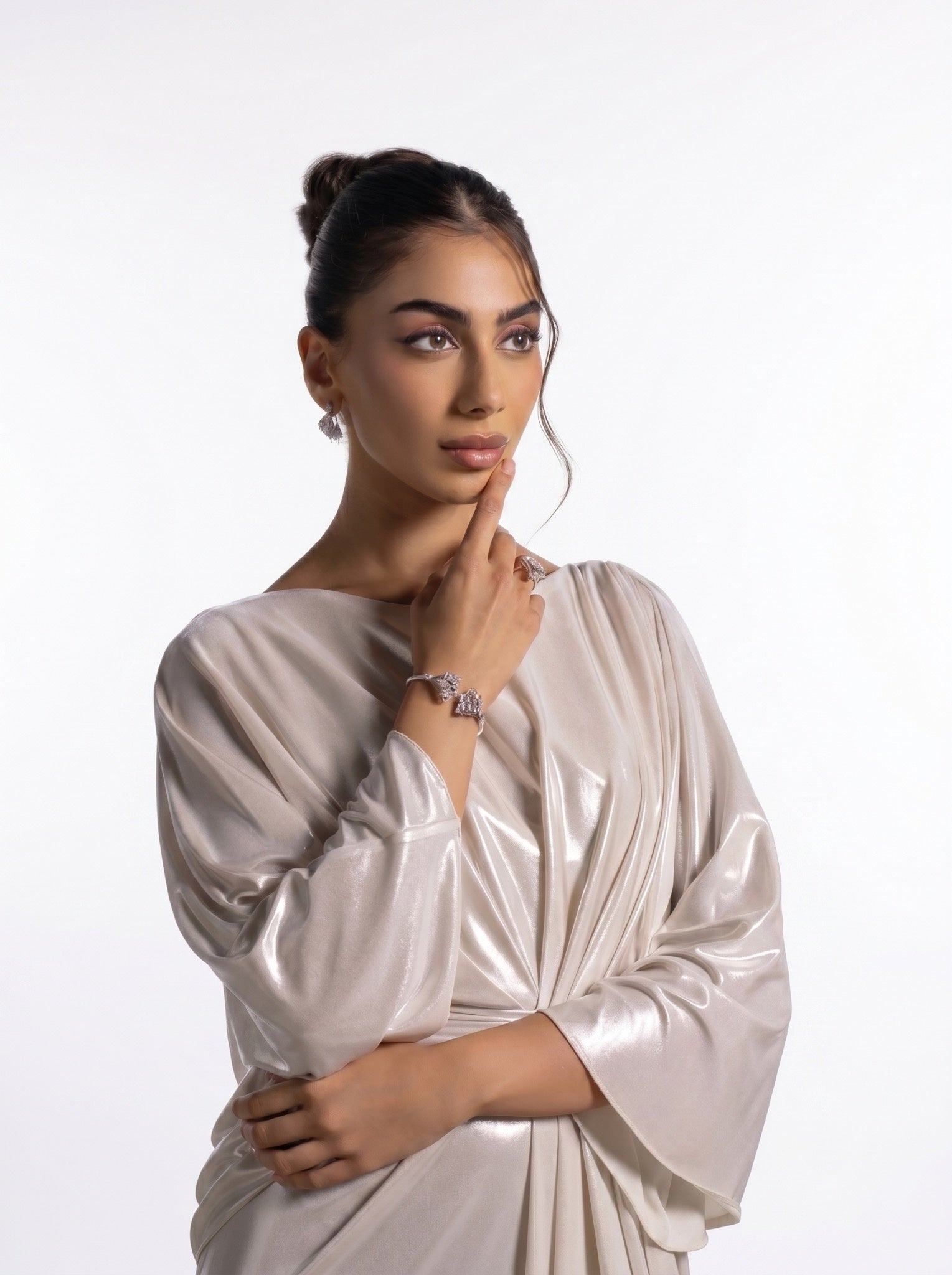 Serena Silver Metallic Cinched Waist Wide Sleeve Gown