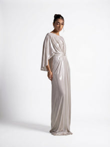 Serena Silver Metallic Cinched Waist Wide Sleeve Gown