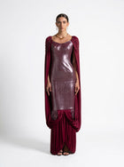 Vionna Maroon Metallic Bodice Draped Jersey Beaded Gown