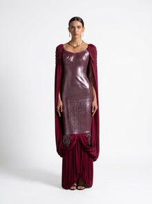 Vionna Maroon Metallic Bodice Draped Jersey Beaded Gown