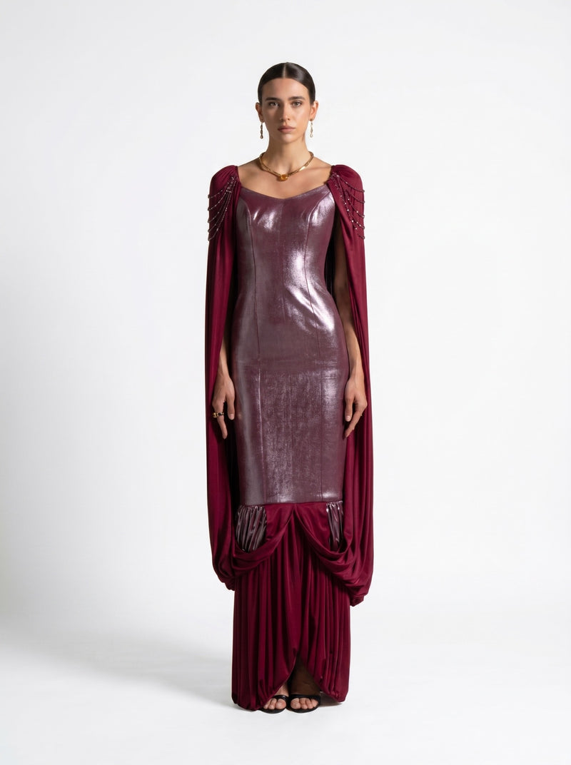 Vionna Maroon Metallic Bodice Draped Jersey Beaded Gown