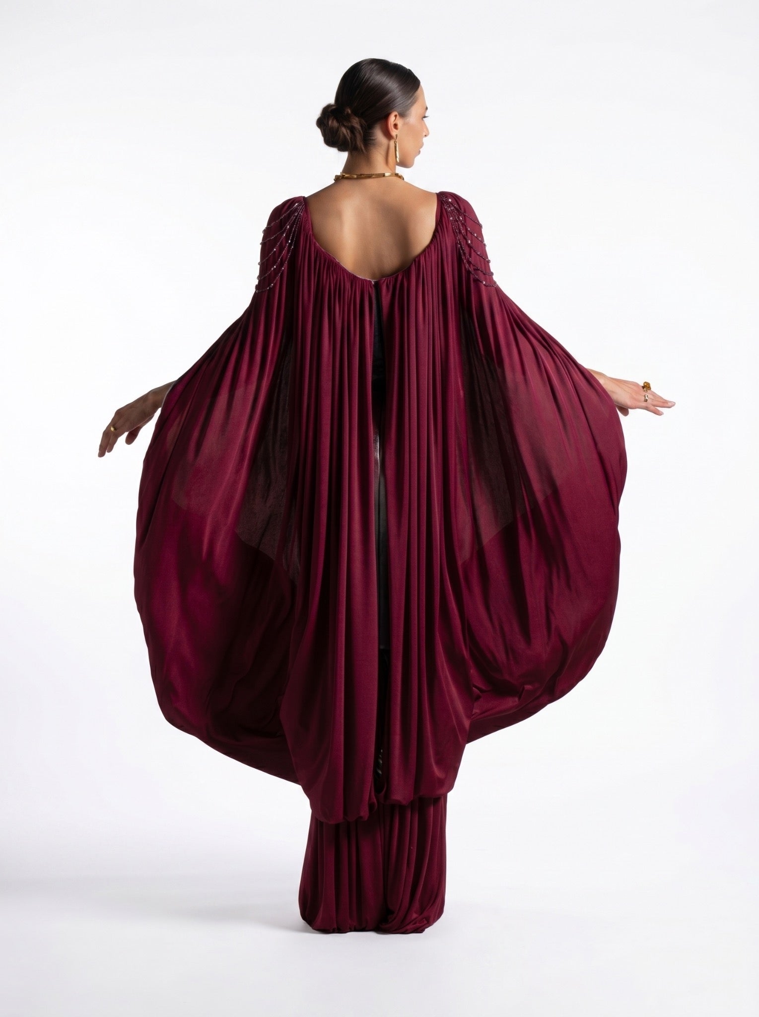 Vionna Maroon Metallic Bodice Draped Jersey Beaded Gown