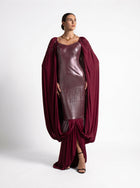 Vionna Maroon Metallic Bodice Draped Jersey Beaded Gown