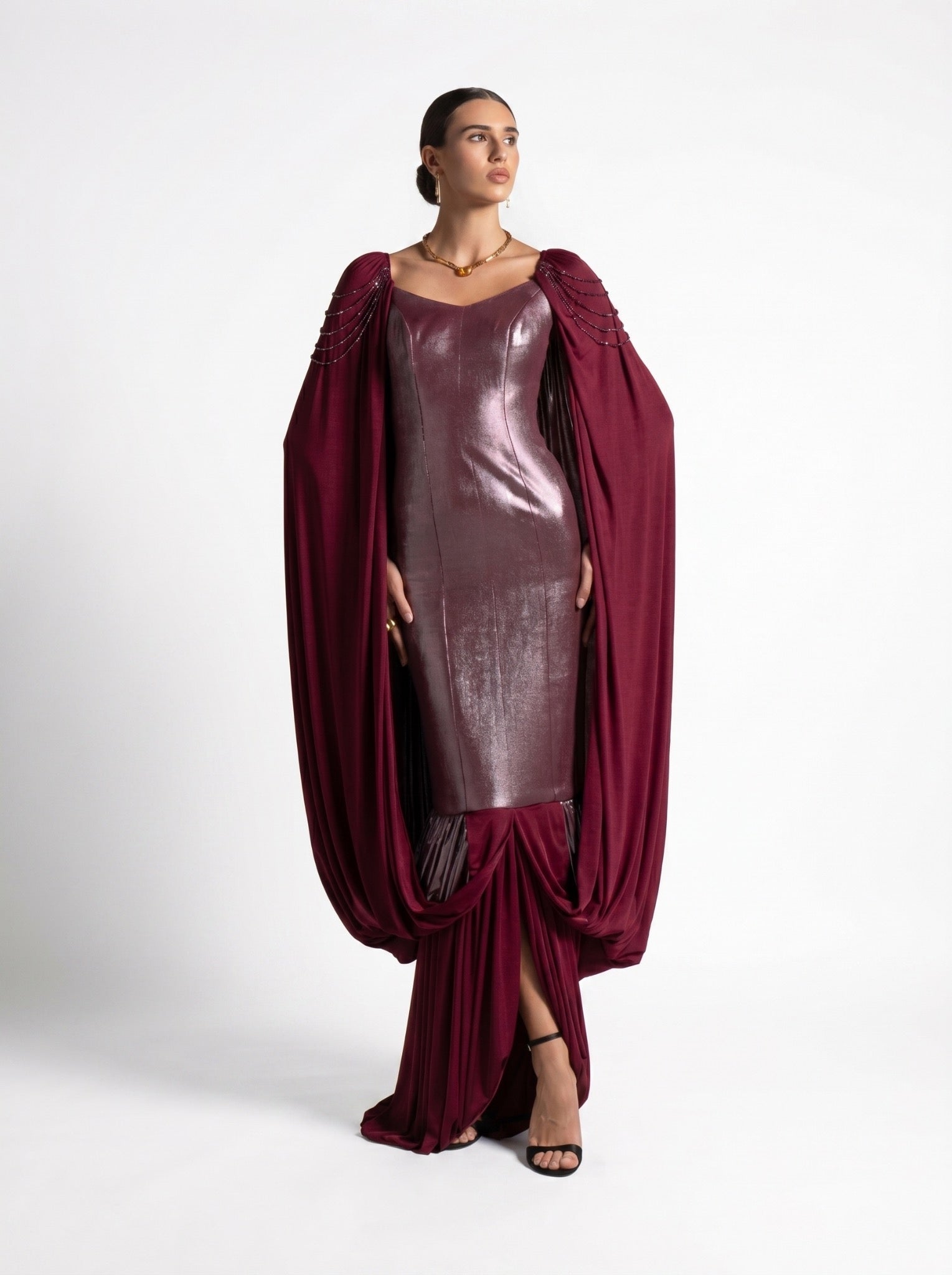 Vionna Maroon Metallic Bodice Draped Jersey Beaded Gown