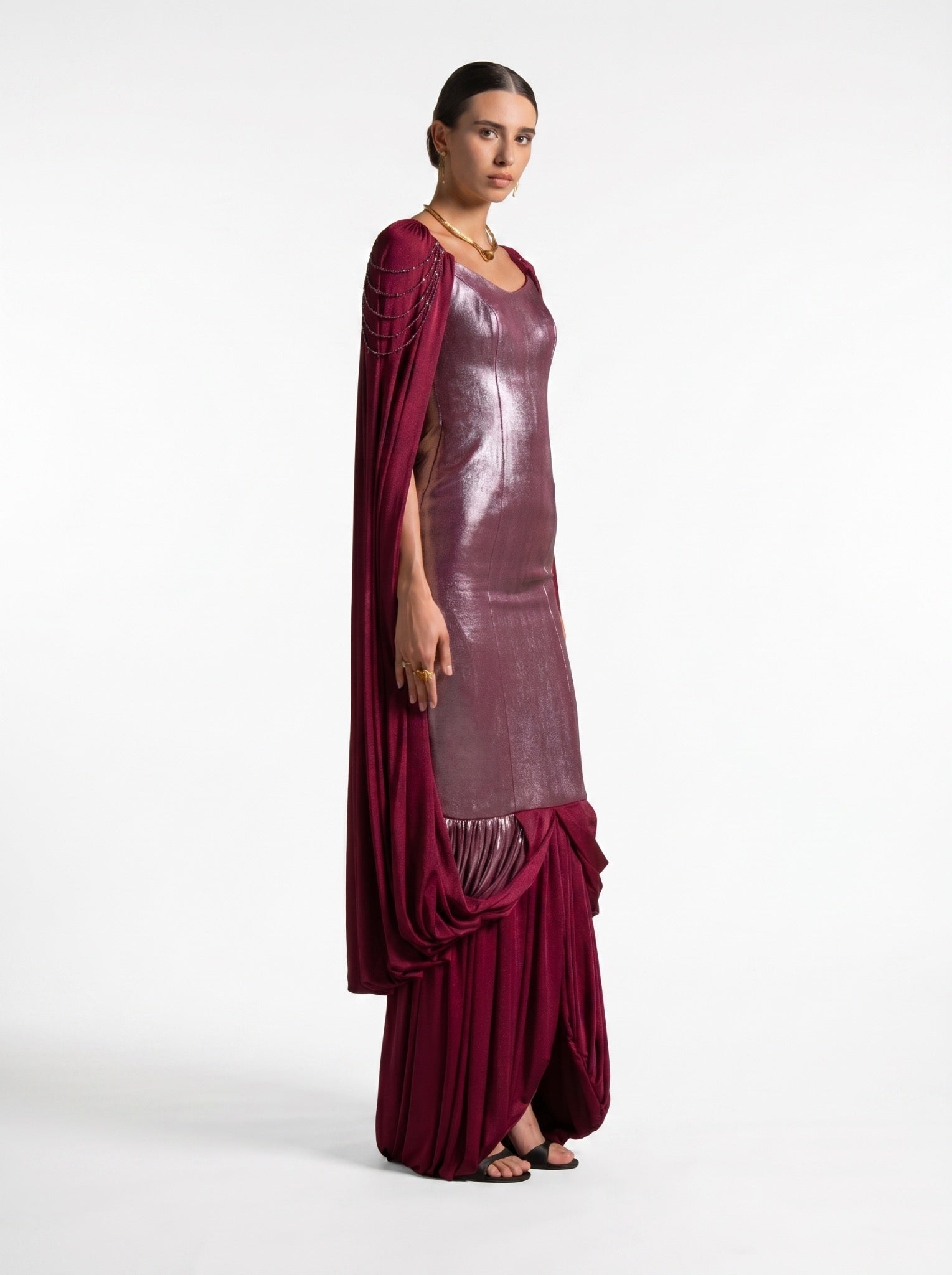 Vionna Maroon Metallic Bodice Draped Jersey Beaded Gown