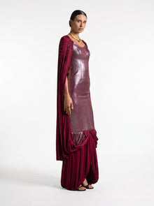 Vionna Maroon Metallic Bodice Draped Jersey Beaded Gown